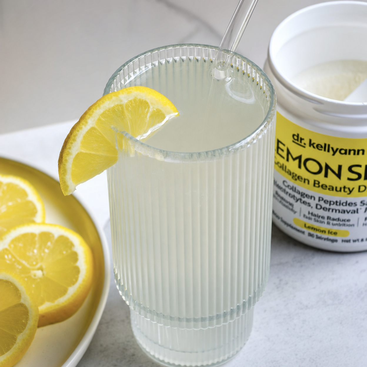 Refreshing Lemon Sips lemonade in a ribbed glass with fresh lemon slices